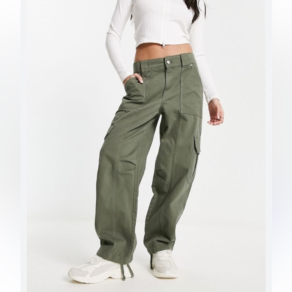 Pull & Bear Olive Cargo Pants Utility Baggy Y2K Streetwear 8 Adjustable